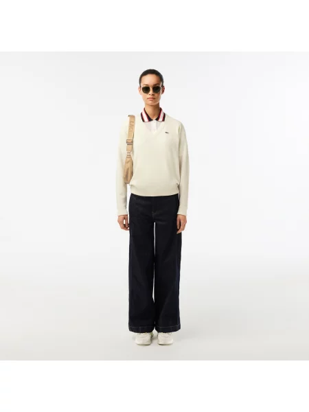 Lacoste Sweter Z Dekoltem W Serek Lacoste beżowy