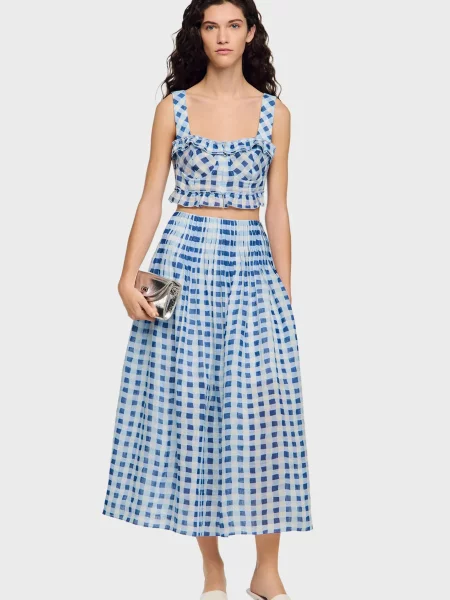 Лляна картата спідниця Sandro біла