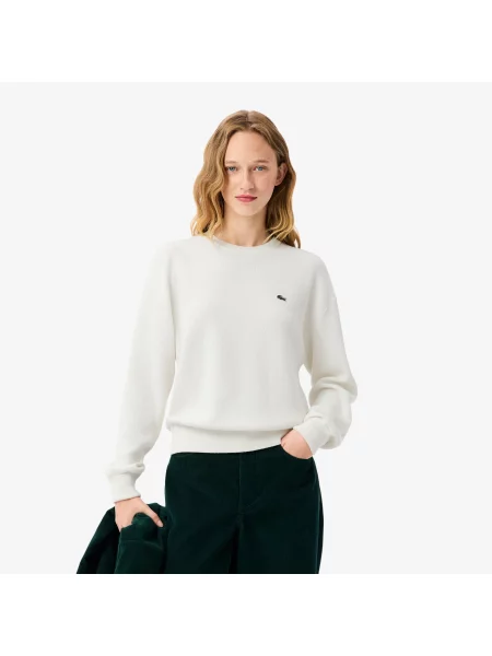 Lacoste Sweter Relaxed Fit Z Okrągłym Kołnierzykiem Kremowy biały