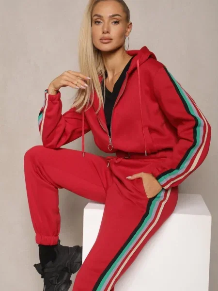 Komplet Dresowy z Kolorowym Lampasem Bluza z Kapturem i Spodnie Joggery Nevarielles czerwony