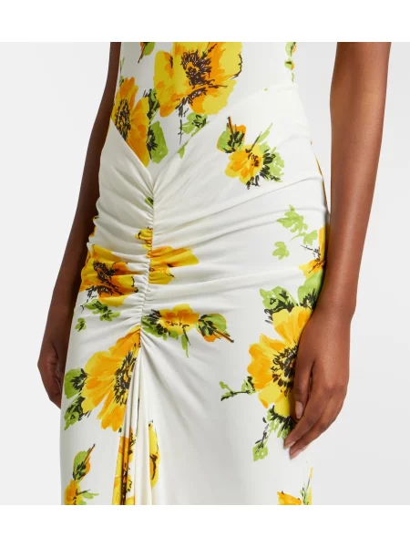 Rochie maxi Alaïa cu model floral cu volane din jerseu alb