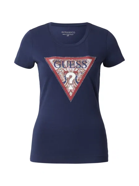 GUESS Tricou albastru închis / maro / roșu alb