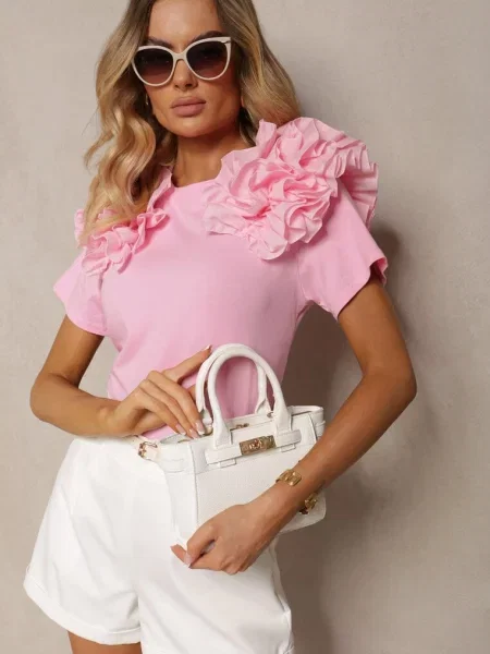 T-shirt z Bawełny Ozdobiony Bufiastymi Falbankami Kandrra różowy