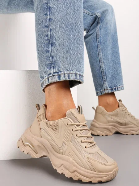 Sneakerși închis cu talpă groasă șireturi și inserții tip plasă Lenivia bej