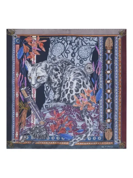 Fular Etro de mătase cu imagine cu model leopard albastru