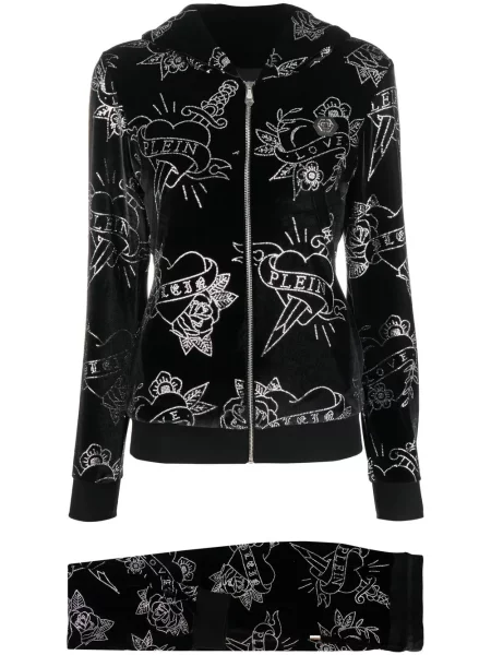 Trening Philipp Plein de catifea cu motiv cu inimi negru