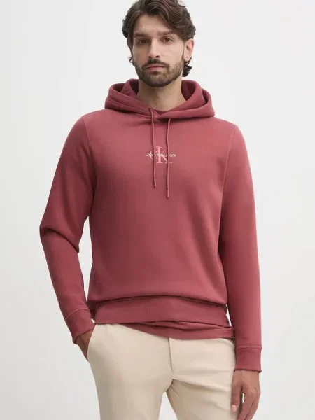 Суичър с качулка Calvin Klein Jeans с качулка с апликация винено червено
