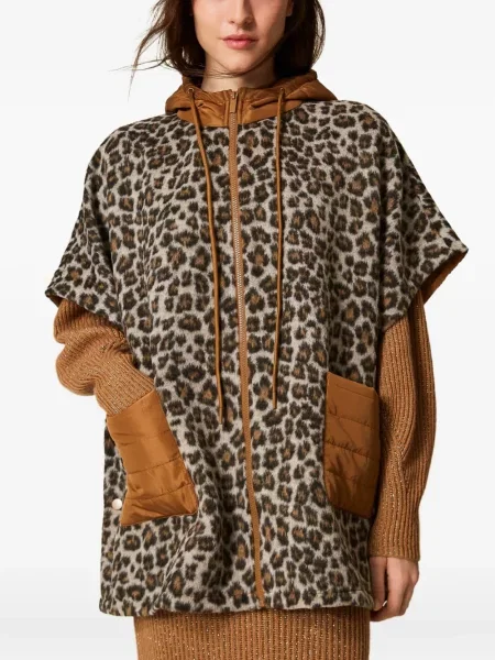 Geacă Twinset cu glugă cu imagine cu model leopard maro