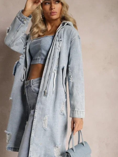 Jachetă Lungă din Denim Deschis cu Aspect Uzatt și Șnur în Talie Rileni albastru
