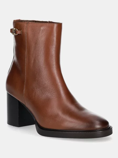 Tommy Hilfiger cizme de piele STACKED HEEL LEATHER ANKLE BOOT maro