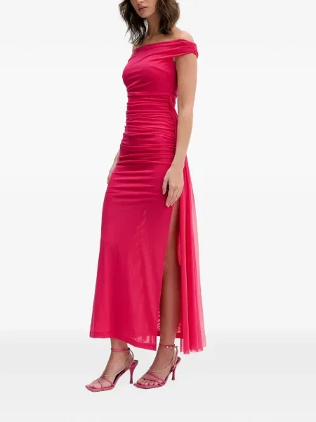Rochie maxi Bardot cu volane roz