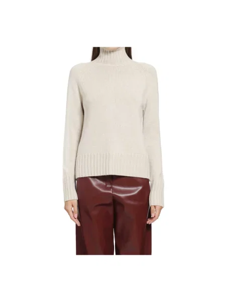 Lniany sweter z golfem Max Mara beżowy