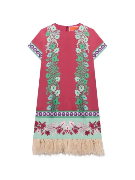 Rochie La Doublej cu franjuri cu model floral de costum roșu