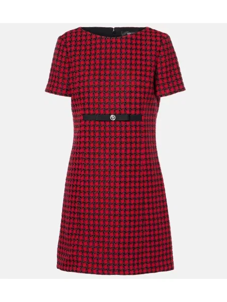 Sukienka mini Versace wełniana w kratkę garniturowa czerwona