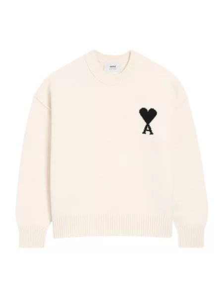 Sweter Ami Paris wełniany z logo beżowy