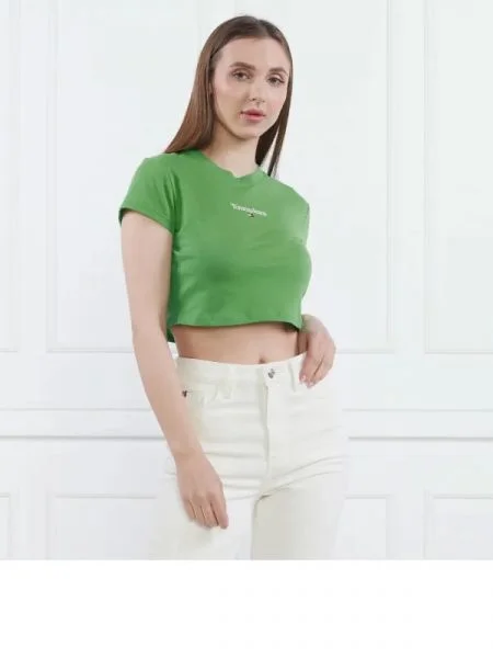 Tommy Jeans Póló TJW BBY CRP ESSENTIAL LOGO 3 SS | Cropped Fit zöld