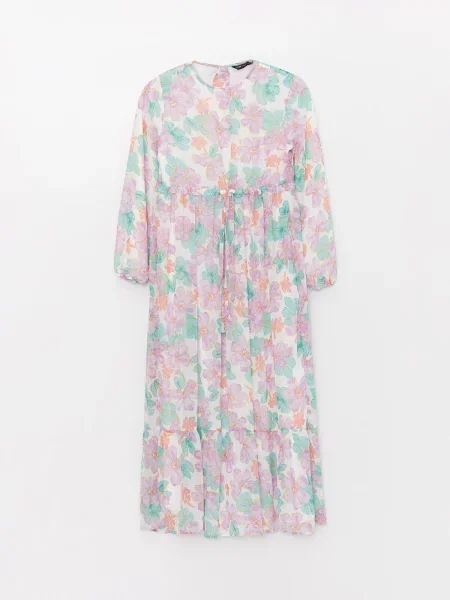 Rochie maxi Lc Waikiki cu model floral cu mâneci lungi cu decolteu rotund gri
