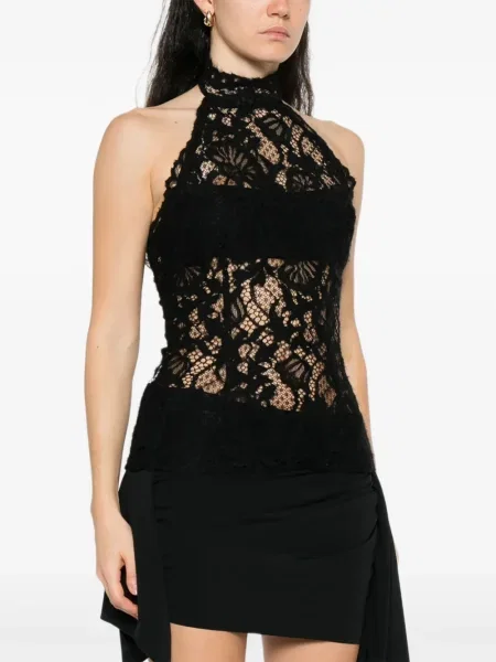 Top Manuri cu model floral din dantelă negru