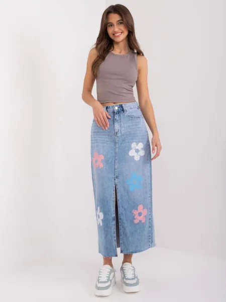 Fustă din denim Fashionhunters cu imagine până la genunchi albastru