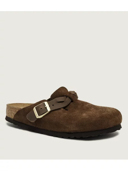 Birkenstock șlapi din piele întoarsă Boston Braided maro