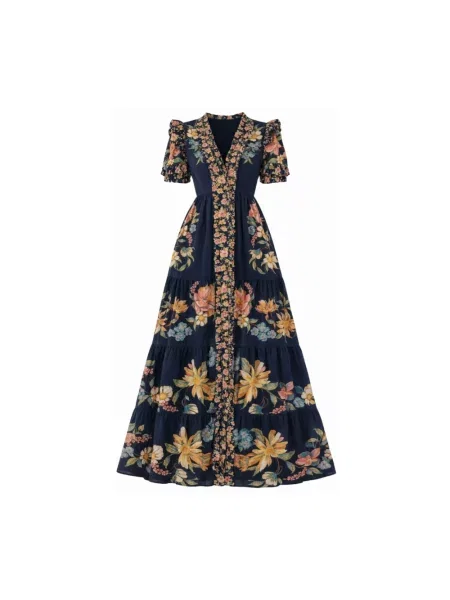 Maksi sukienka maxi Farm Rio w kwiatki garniturowa niebieska