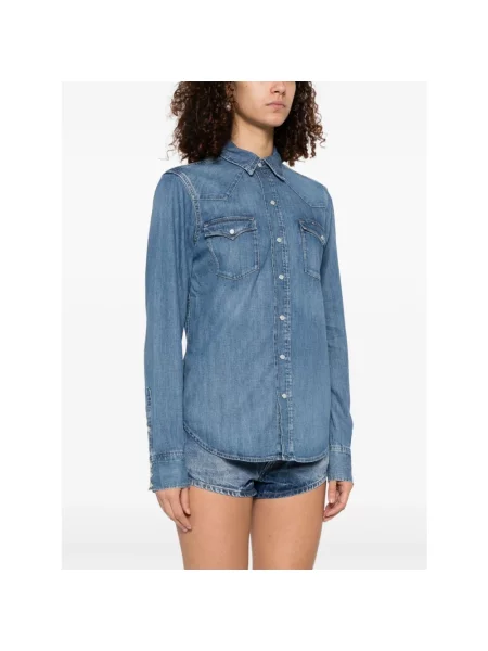 Bluzka Polo Ralph Lauren elegancka z kieszeniami na piersi niebieska