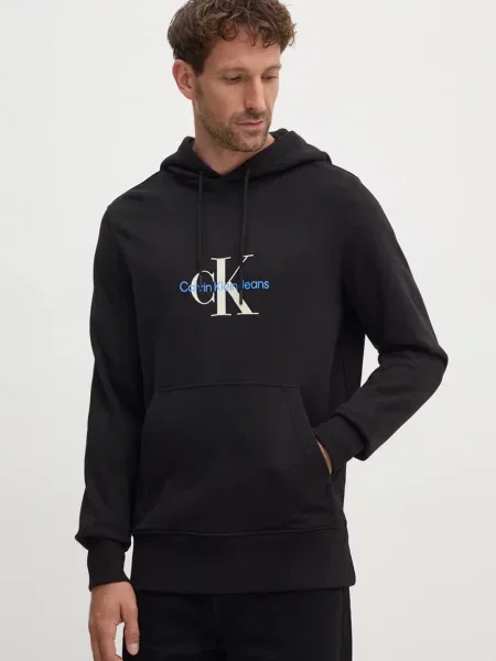 Суичър с качулка Calvin Klein Jeans с протрити краища с качулка черно