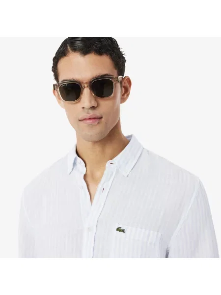 Lacoste Lniana Koszula Button-Down W Paski Regular Fit niebieska