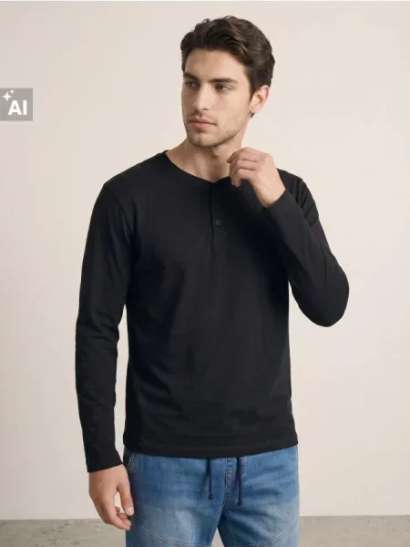 Sinsay tričko henley s dlouhým rukávem černá