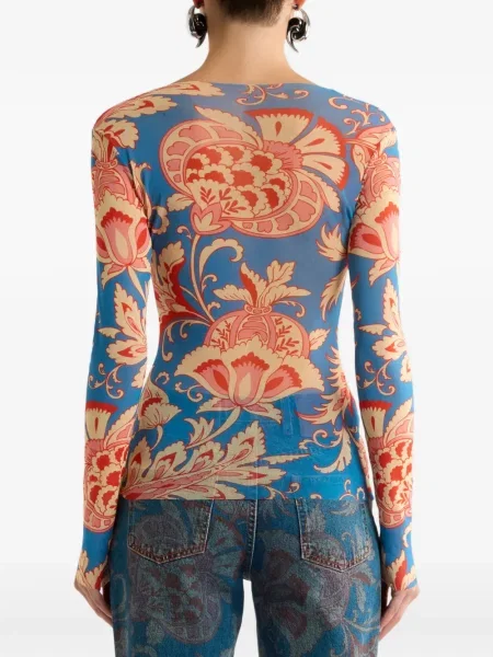 Top Etro cu model floral lung albastru