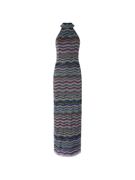 Lung rochie Missoni cu paiete cu gât halter albastru