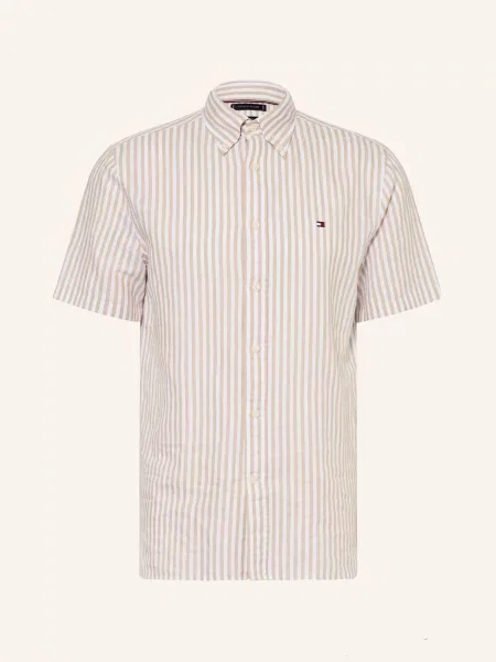 Tommy Hilfiger Košile S Krátkým Rukávem Regular Fit S Lnem béžová bílá