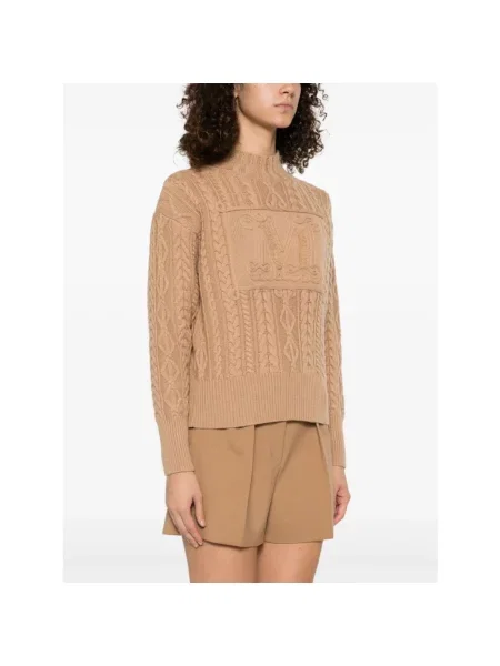 Dzianinowy golf sweter z golfem Max Mara z dekoltem w serek brązowy