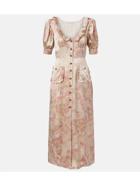 Rochie midi Alessandra Rich din satin cu model floral până la genunchi roz