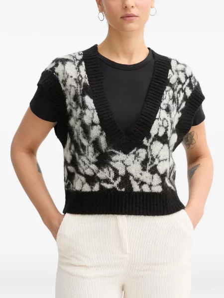 Pulover Benetton cu model floral cu decolteu în V negru