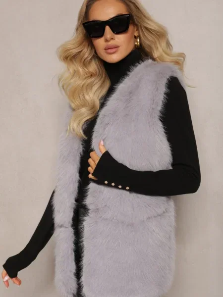 Vestă Pufos Blană Artificială cu Imitatie Piele Tekllesa gri