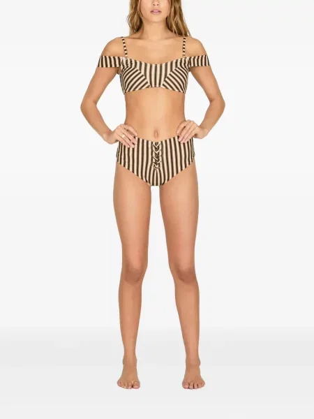 Bikini A:musé cu șireturi cu dungi din dantelă maro