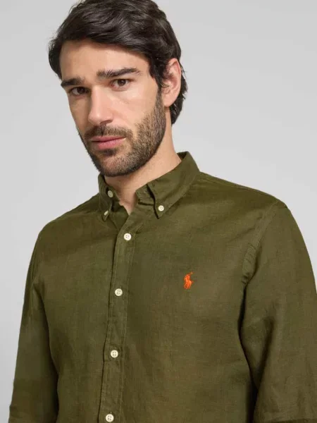 Koszula lniana o kroju slim fit z wyhaftowanym logo Ralph Lauren zielona