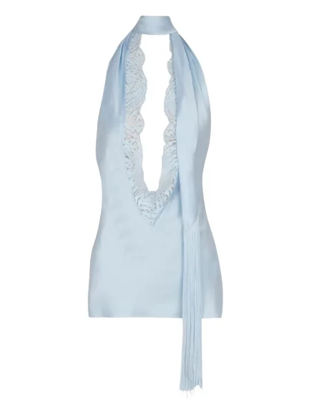 Top Balmain de mătase cu gât halter albastru