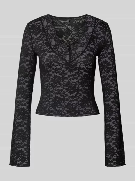 Bluzka o kroju slim fit z długim rękawem i efektem koronki model ‘NIKKA’ Only czarna