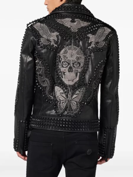 Моторист кожено яке Philipp Plein бродирано черно
