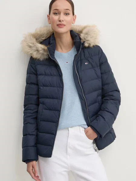 Kurtka jeansowa Tommy Jeans z kapturem z autografem niebieska