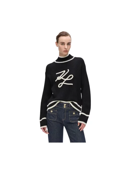 Sweter Karl Lagerfeld z logo wełniany pleciony czarny