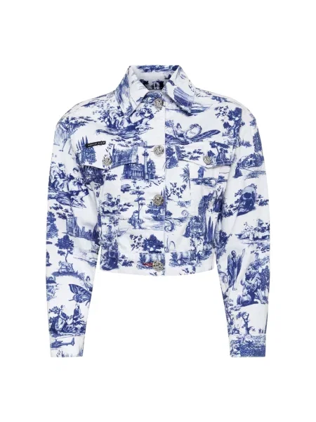 Kurtka jeansowa Philipp Plein z nadrukiem o krotszym kroju niebieska