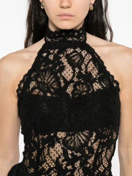 Top Manuri cu model floral din dantelă negru