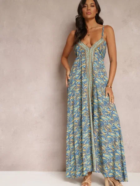 Rozkloszowana Sukienka Maxi Wiązana na Szyi z z Printem Paisley Olympie niebieska