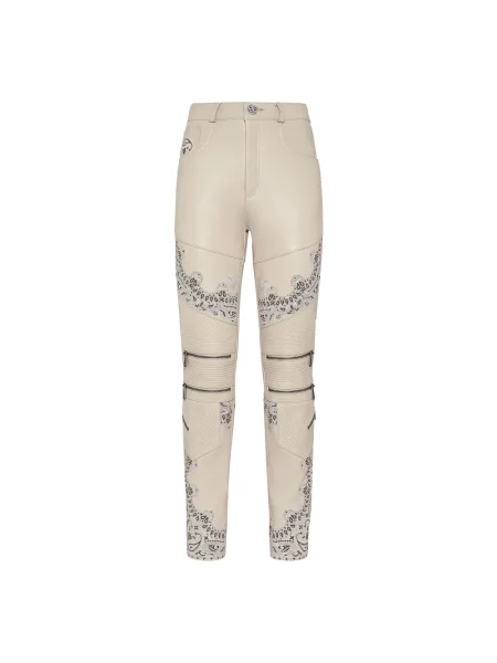 Spodnie Philipp Plein skórzane z wzorem paisley beżowe