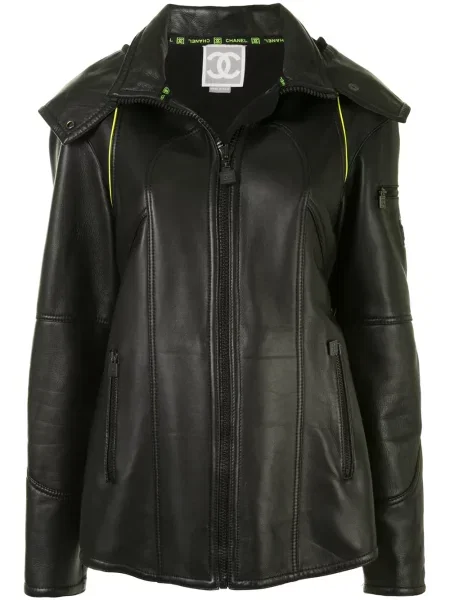 Kožená bunda Chanel Pre-owned s kapucí černá