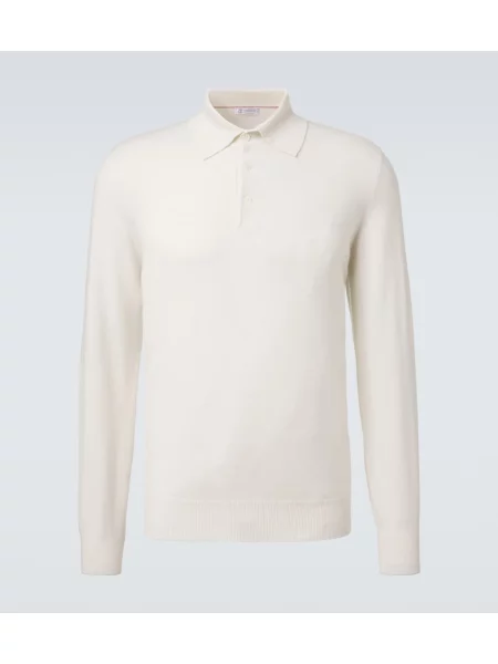 Tricou polo Brunello Cucinelli din cașmir alb