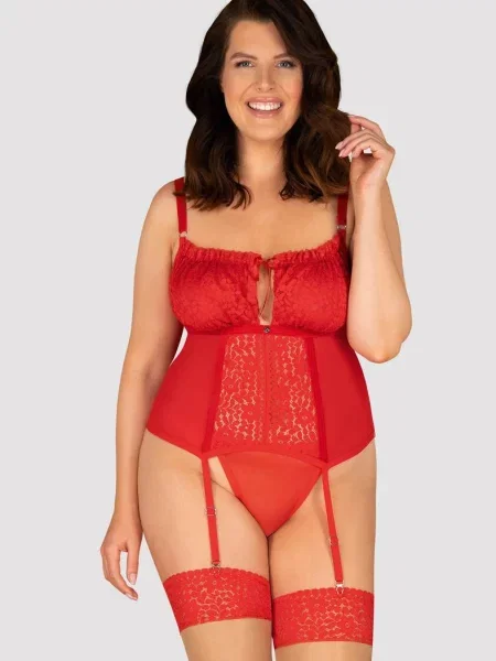 Корсет с кружевными вставками и трусики стринг Комплект_Obsessive_Blossmina_corset червоні